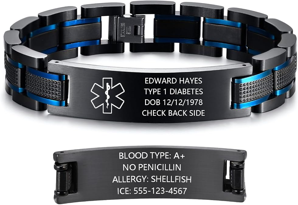 Personalized Medical Alert Bracelets for Men - Free Engraving Medical ID Bracelet Masculine Stainless Steel Waterproof Wristband Jewelry for Dad Husband Custom Emergency Bracelet for Allergy Diabetic