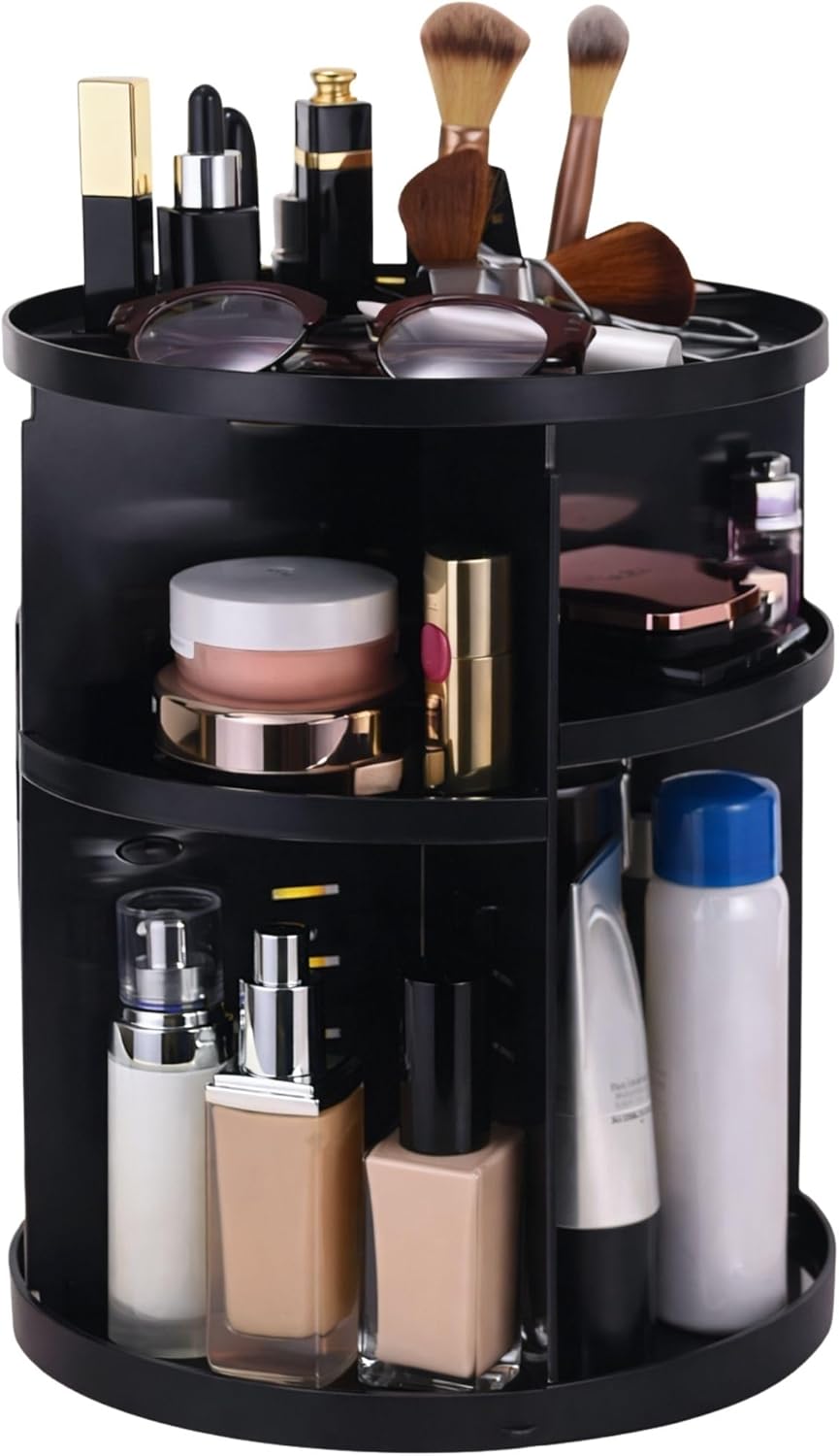 Makeup Organiser, 360 Degree Rotating Beauty Organiser for Cosmetic Perfume Jewellery, Revolving Make Up Storage with Adjustable Layers on Stand Spinning for Vanity Table Bedroom, Crystal Black