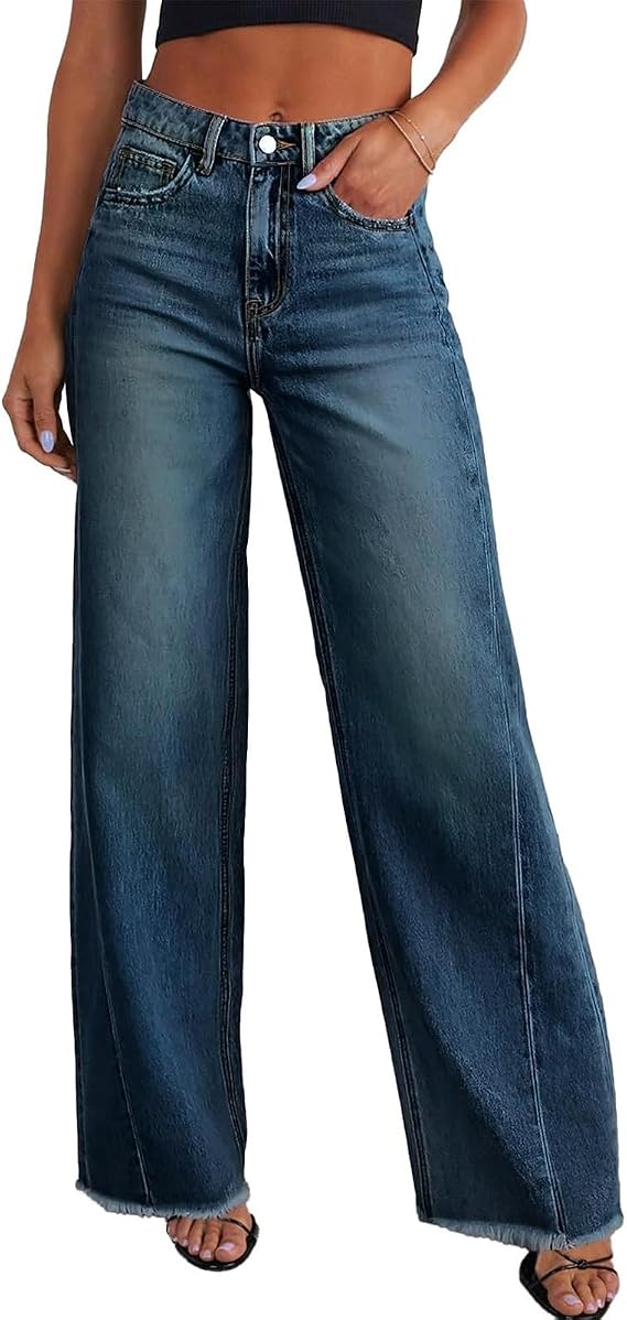 Wide Leg Jeans Woman High Waisted Strechy Baggy Jeans Trendy Raw Hem Straight Leg Jean Loose Boyfriend Jean