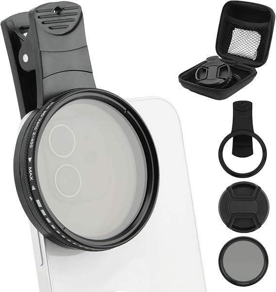 52MM Variable ND2-ND400 Filter, Clip-on Phone Lens ND Filter Kit Multi-Coated Adjustable Neutral Density Filter Compatible with iPhoneSamsung/Android Smartphones(Color:Black)