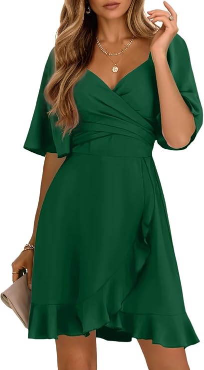 Dokotoo Women's Wrap V Neck Short Flared Sleeve Wedding Guest Dress Smocked Elastic Waist Tiered Belted Ruffle Hem Mini Dress