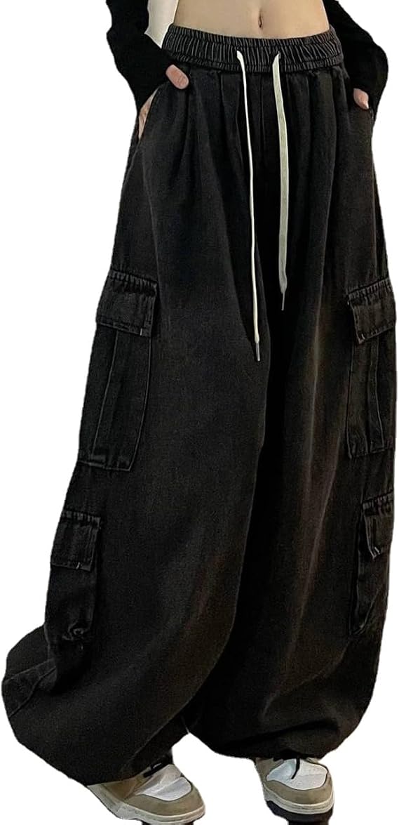 Women Baggy Jeans Y2K Hip Hop Cargo Jeans High Waisted Wide Leg Jeans Vintage Clothes Grunge Parachute Drawstring Pants