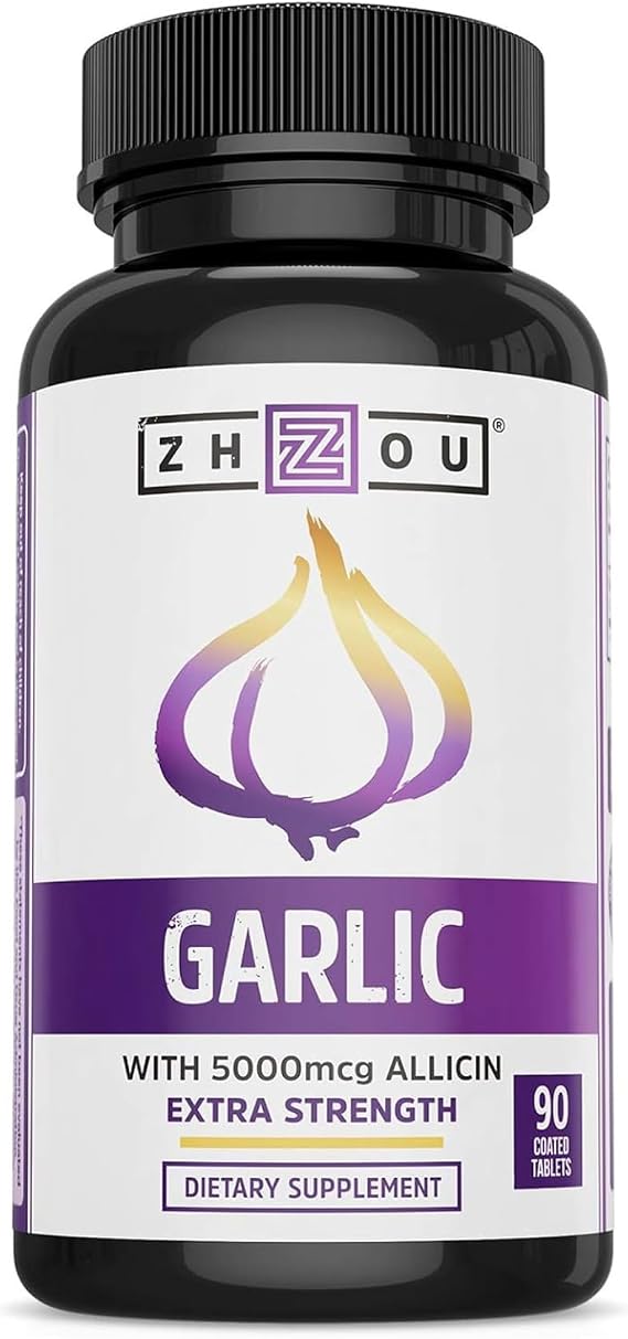 Zhou Garlic with Allicin Supplement - 90 Coated Tablets (Pack of 1) | Garlic Supplements, Odorless Extract Pills for Men & Women, 5000 mcg Allicin Per Tablet for Immune & Heart Health