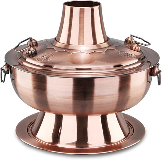 Traditional Chinese Copper Hot Pot,Vintage Shabu Pot,Charcoal Hot Pot Vintage Copper Shabu Shabu Pot with Chimney Stainless Steel Shabu Hotpot Cooker Soup Pot Cookware for 3-6 People Family Party (Red