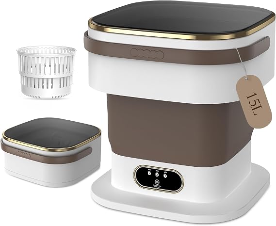 Portable Washing Machine,15L Upgraded Mini Washing Machine,3 Washing Modes with Spin Basket,Deep Cleans Small Items,Foldable Design Suitable for Dormitories,Apartments,Homes, and Camping (Khaki) [Energy Class E]