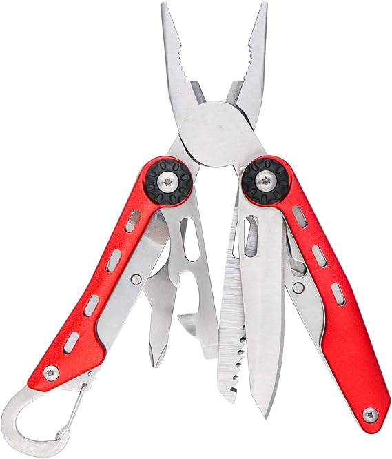 Amazon Basics 10-in-1 Stainless Steel Multitool for Hiking and Survival Gear with Needlenose Pliers, Wire Cutter, Saw, Safety Lock, Nylon Sheath, Red