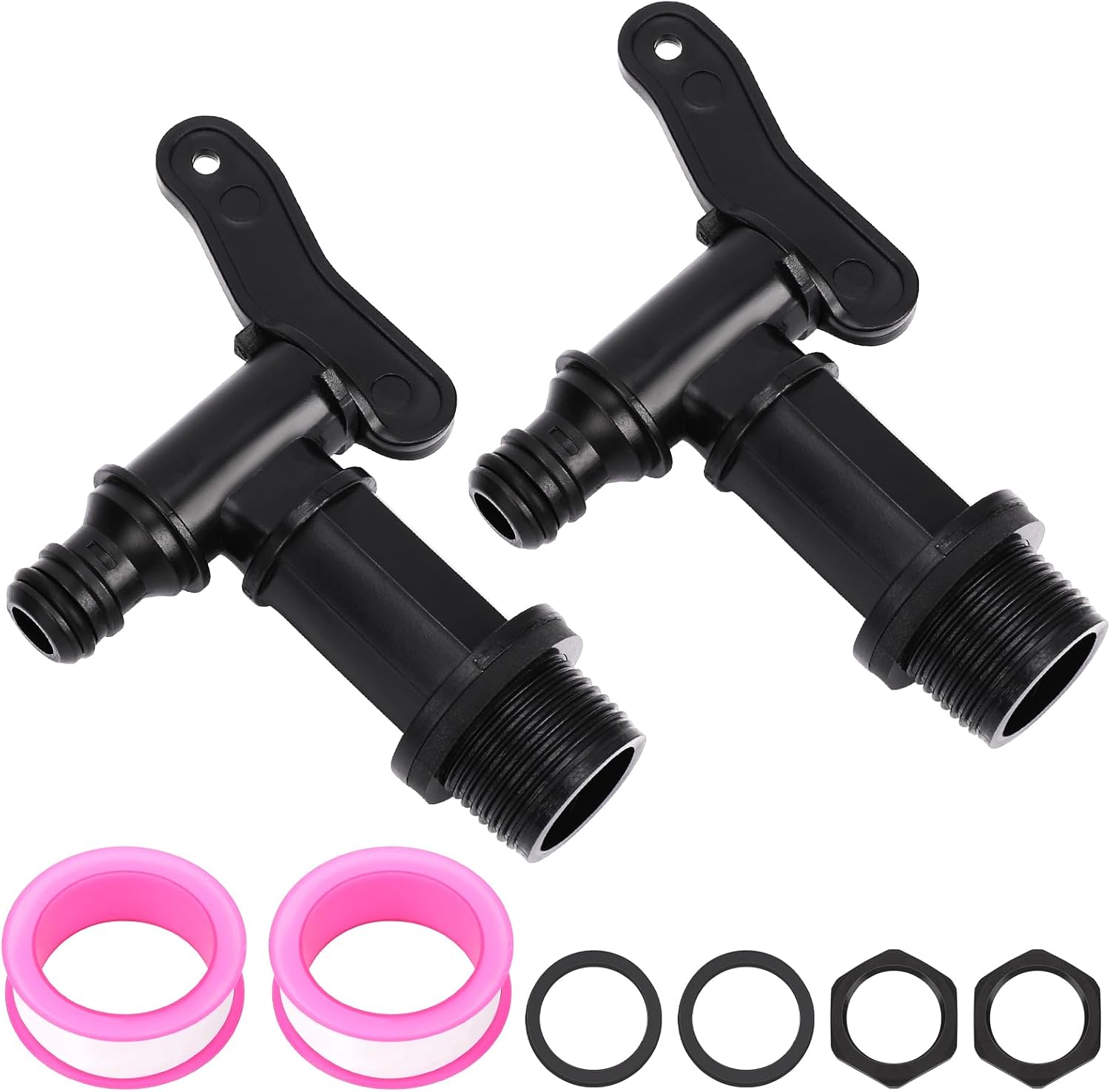 2 Pack Rain Bucket Spout Faucet, Water Barrel tap,Plastic 34 Inch Faucet with Waterproof Sealing Tape, Gasket Faucet, Plastic Drain Faucet for Rain Bucket, Tank, Gardening Black