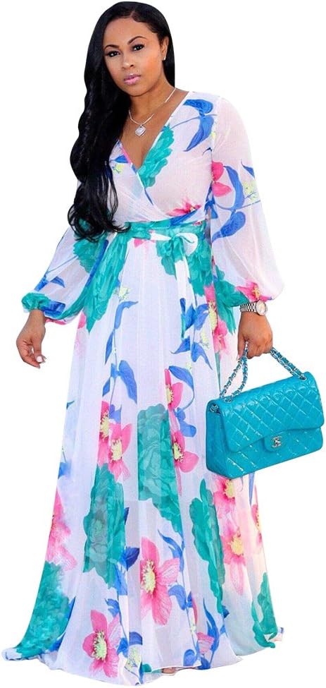 Nuofengkudu Womens Chiffon Deep V-Neck Maxi Dress Summer Boho Dresses(S-5XL)