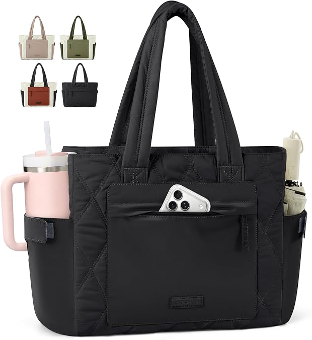 RAINSMORE Work Tote Bag for Women, Puffer Laptop Tote Bag for Teacher Large Lightweight Quilted Travel Bag with Cup Holder
