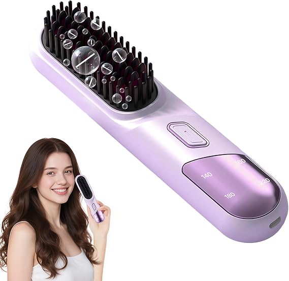 Cordless Hair Straightener Brush, Portable Straightening Brush for Travel, Travel Hair Straightener for Women, Rechargeable & Anti-Scald & 4 Temperature Settings