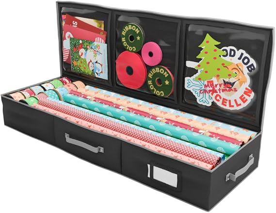 Wrapping Paper Storage Container | Gift Wrap Organizer Under Bed | 41x14x6 | Box Holder for 18-24 Rolls Up to 40 | 600D Oxford Material | Pockets for Ribbon, Bows, and Accessories (Black)