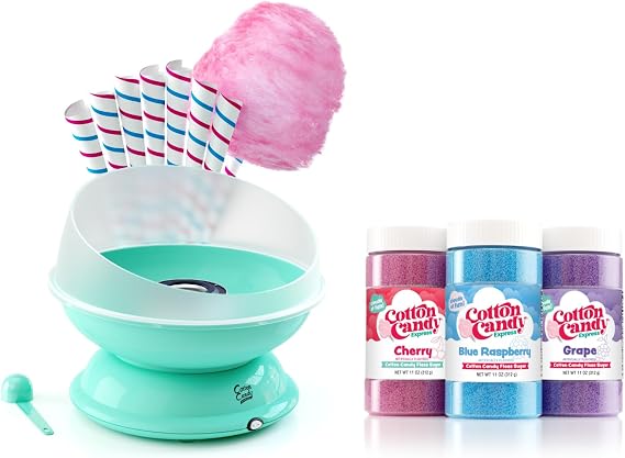 Cotton Candy Express Teal Cotton Candy Machine For Home Use with Fun Pack Featuring Cherry, Blue Raspberry & Grape Floss Sugars