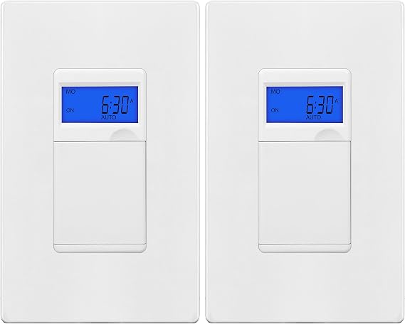 TG 7 Day Digital Programmable Timer Switch for Exhaust Fans, Lights, 2 Pack | UL Listed, Digital In-Wall Switch Timer Indoor with 18 ON/OFF Settings, Neutral Required, Single Pole, with Blue Backlight