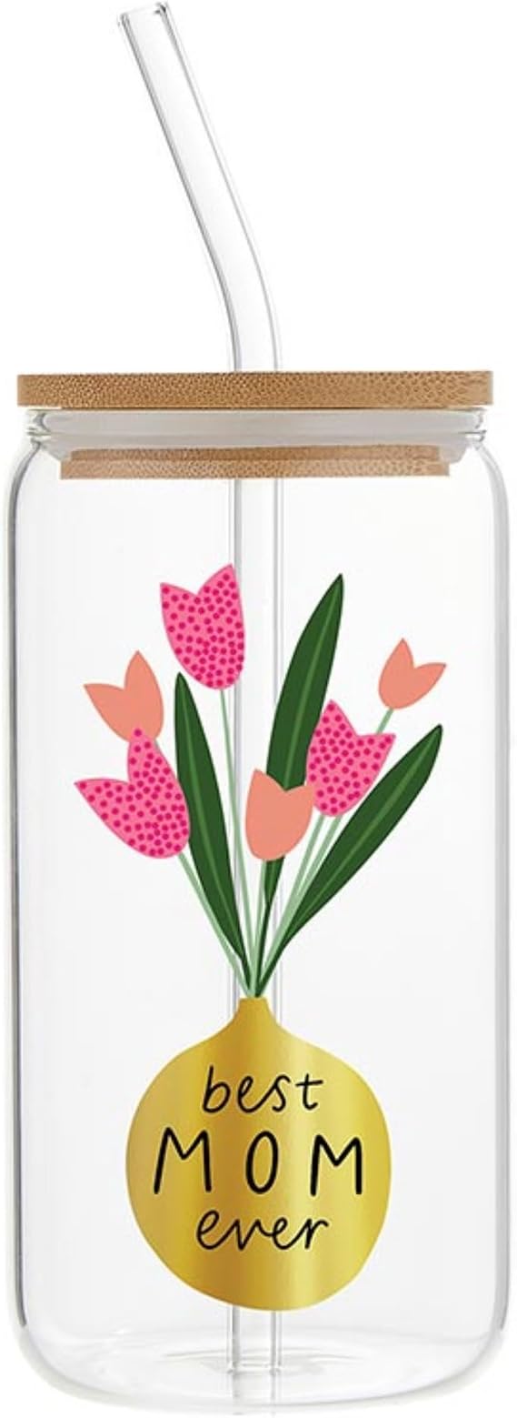 Slant Collections Mother's Day Gift Glass Tumbler with Lid and Straw Glass Cup with Bamboo Lid, 16-Ounce, Best Mom Ever