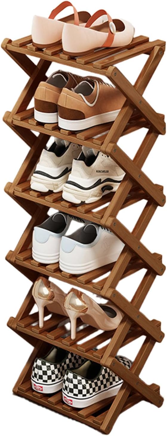 Vertical Foldable Shoe Rack Small, Wooden Shoe Storage Cabinet | Tall Narrow Design, Slim Corner Shoe Rack for Corridor Bedroom Hallway, Ideal for Small Spaces, 6 Tier, Brown