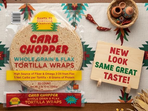 Santa Fe Tortilla Company Carb Chopper 9in Keto-Friendly Low-Carb Tortilla Wraps (22ct) - 5 Net Carbs, 100 Calories, 8g Fiber & Protein, 100% Whole Grain & Flax, Vegan, Heart-Healthy, No Trans Fats, Aluminum-Free, Kosher Certified, USA Made, Resealable Freshness
