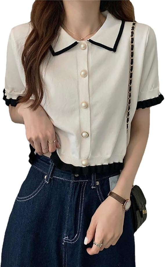 Chic Korean Style Academy Style, Contrasting Navy Collar, Versatile Bubble Sleeve Shirt, Loose top, Elegant Goddess