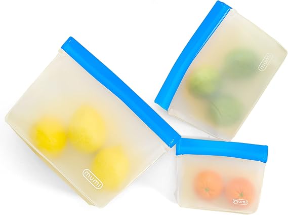MUMI Piccolo Reusable Silicone Zip Up Bags - Set of 3, BPA-Free, Blue