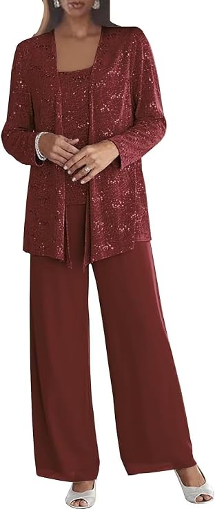 Womens 3 Pieces Pant Suits for Women Dressy Lace Cocktail Outfit Evening Party Wedding Guest Burgundy