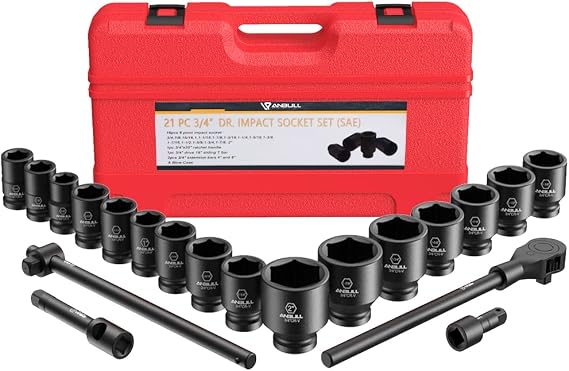 Anbull 3/4" Drive Jumbo Impact Socket Set, 21 Piece Shallow Socket Assortment, 6-Point Standard SAE Sizes (3/4-Inch to 2-Inch) | Cr-V Steel