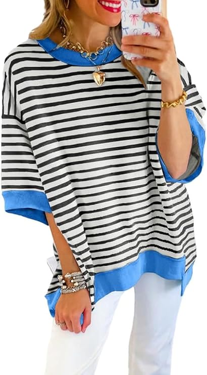 SHEWIN Womens Oversized Tops Crewneck Striped Sweatshirt Pullover Shirt | Casual, Short Sleeve, Loose Fit, Tshirt, Fashion, Trendy, 2026