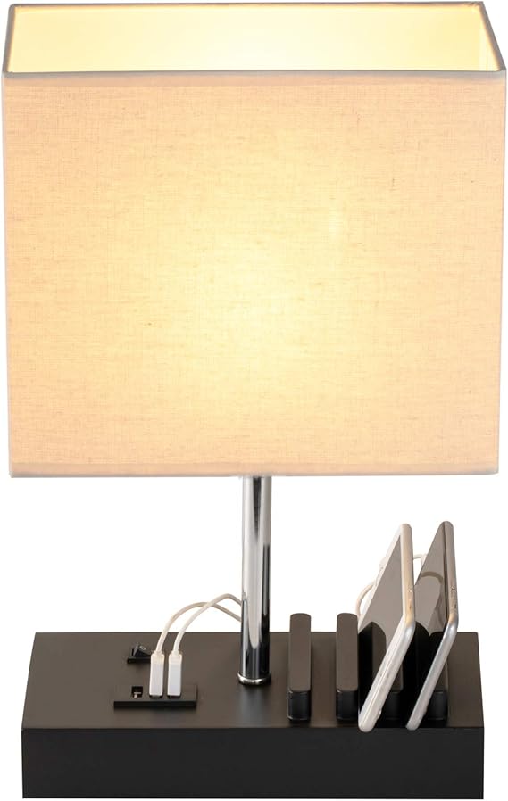 Briever USB Bedside Table Lamp, Desk Lamp with 3 USB Charging Ports and Phone Charge Dock, Black Wood Charging Station and Organizer, Perfect Light for Bedroom, Guest Room, Living Room, Office [Energy Class E]