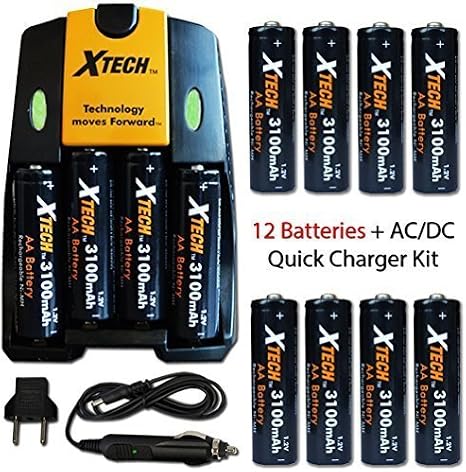 12 AA NiMH Rechargeable Batteries 3100mAh + AC/DC Quick Charger Kit for FujiFilm Instax Mini 8, Mini 7, Mini 7s, Mini 90, Mini 90 Neo, Mini 25, Mini 50s, Instax 300 Wide, Instax 210 Instant Cameras.