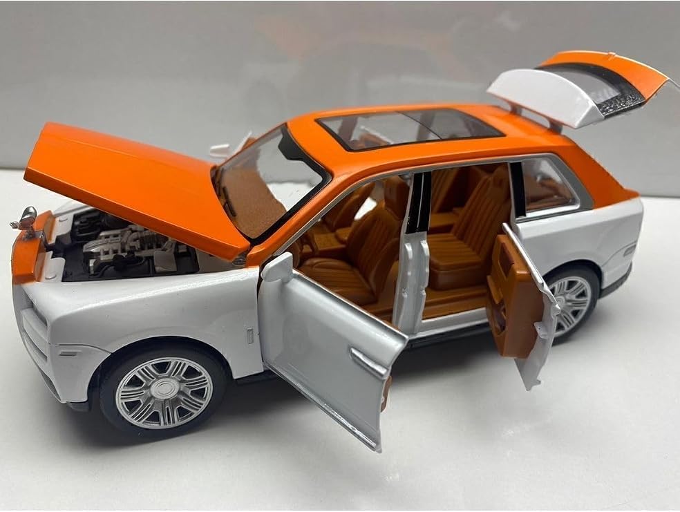 Metal Model Oyuncak Araba 1:24 Ölçek, Rolls Royce, Sesli Işıklı, Açılır Kapı Bagaj Kaput, 21 cm, Turuncu Beyaz