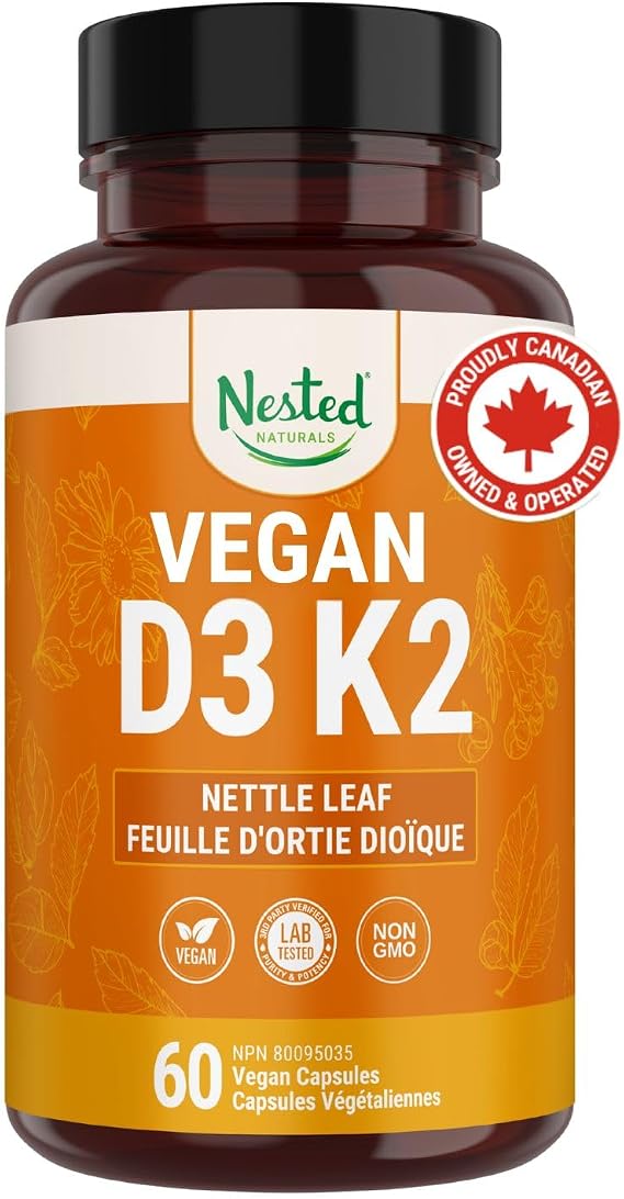 Nested Naturals Vitamin D3+K2 | Supports a Healthy Immune System, Heart, Strong Bones | 100% Vegan & Non GMO | 5000 IU Vitamin D3 from Lichen with 100 mcg Vitamin K2 MK-7-60 D3K2 Capsules