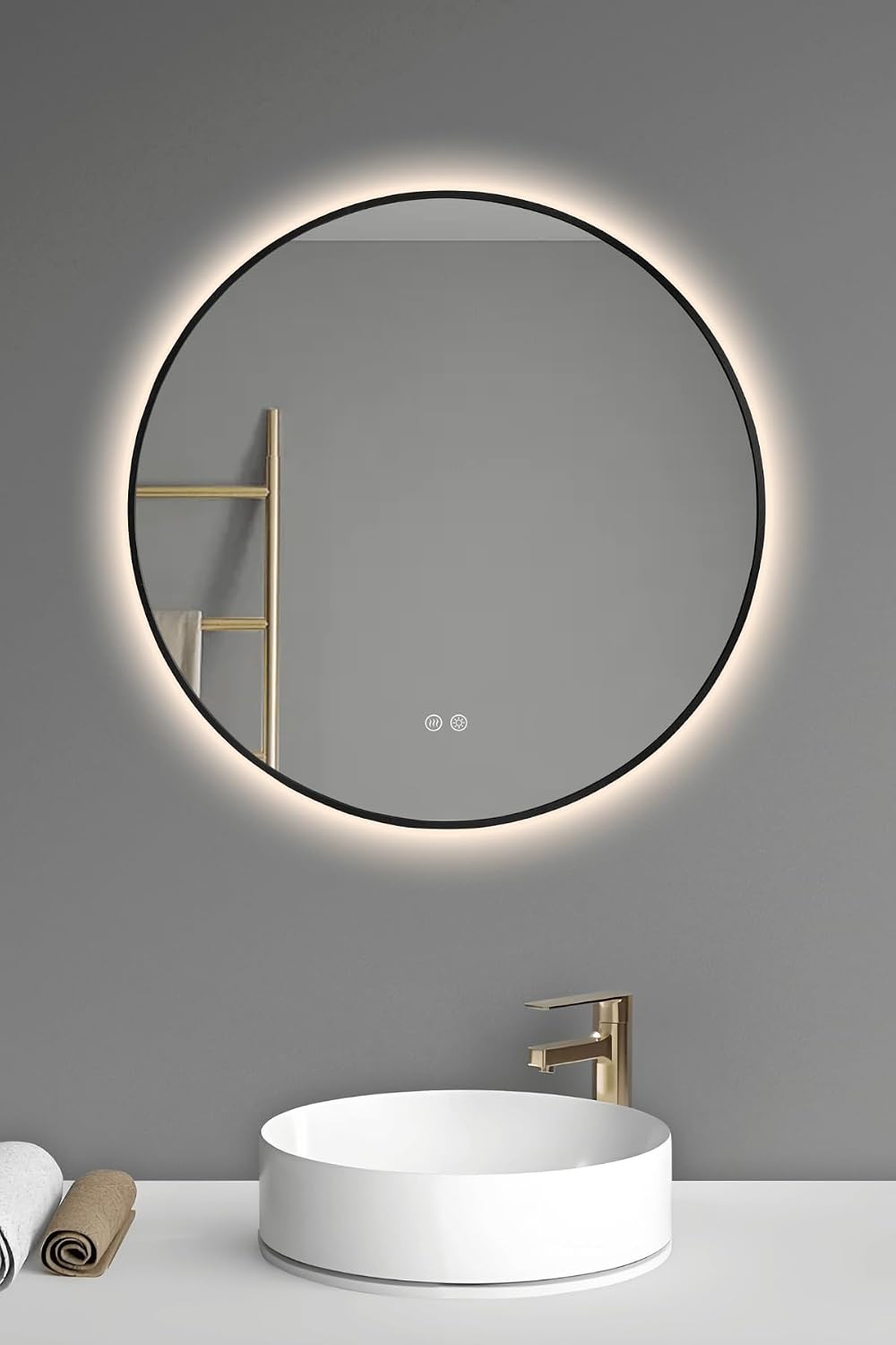 Akıllı Ayna Buhar Tutmayan 3 Renk Ledli Siyah Çerçeveli Banyo Duvar Ofis Lavabo Aynası 75 Cm