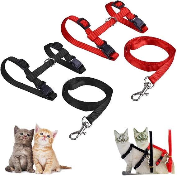 2 Pack Cat Harness and Leash, Adjustable Comfortable Nylon Pet Strap Collar with Leash, Escape Proof Safety Rope Leads Chest Strap for Kitten Puppy Rabbits Walking Training (Black & Red)