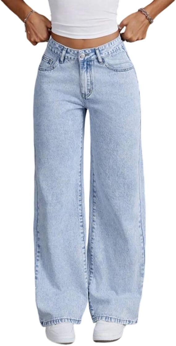 Women's Jeans High Waist Wide Leg Stretch Denim Trousers Wide Leg Flared Jeans Pockets Baggy Boyfriend Style Vintage Casual Elegant Palazzo Flared Trousers Long Y2K Fashion Comfortable