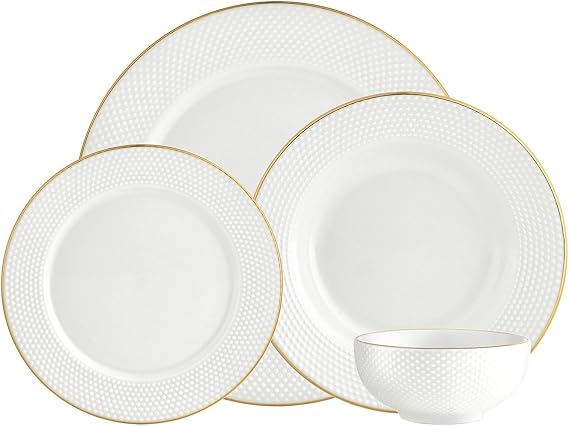 Godinger Dinnerware Set, Dinner Plates, Salad Plates, Coffee Mugs and Soup Bowl, Cereal Bowl, Gold Rim 16 Piece Set