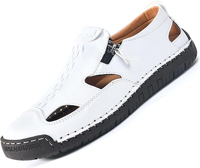 Mens Closed-Toe Leather Fisherman Sandals Slip-On | Breathable Comfortable Casual Moccasin Loafers for Summer Outdoor Driving & Walking | Side Zipper Hand-Sewn