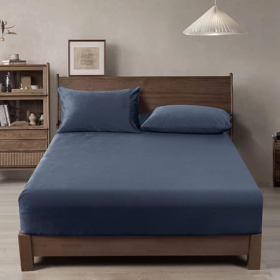 PHF Truly Velvet Fitted Sheet King Size, 1 Pack Luxury Super Soft Cozy Comfy Flannel Bed Sheets with 15'' Deep Pocket, Suitable for Fall Winter and Spring, No Pillowcases, Blue Greyish