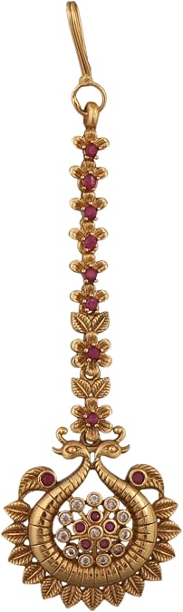Tarinika Antique Gold Plated Leafy Maangtika with Peacock Design - Indian Mang Tika for Women Perfect for Ethnic Occasions | Traditional Indian nethi chutti |
