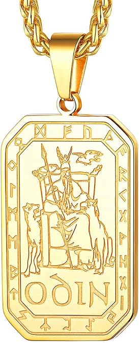 FaithHeart Vikings Necklace for Men, Gold Odin Pendant Dog Tag Jewelry Charms Norse Military Amulet Neck Chains for Boys- Golden