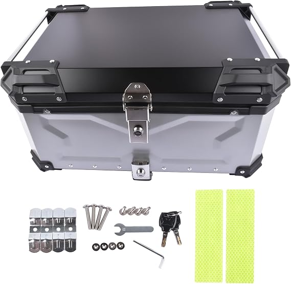 Silver 65L Motorcycle Case, Aluminum Waterproof Universal Motorcycle Top Case for Luggage Box with Safety Lock for Helmet Storage