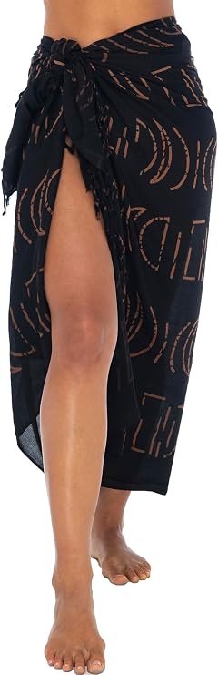 Back From Bali Womens Print Sarong Coverup Swimsuit Pareo with Boho Fringe & Coconut Clip - Wrap Skirt or Beach Shawl