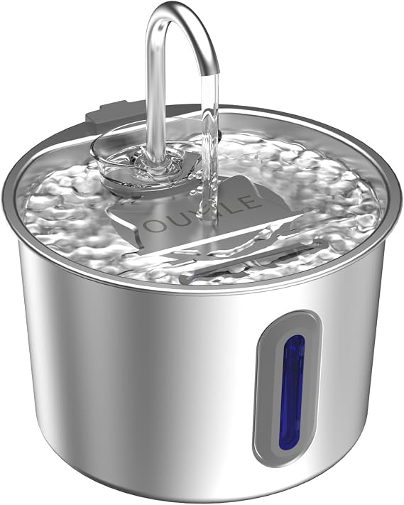 Stainless Steel Cat Fountain - 2.2L/74oz Ultra-Quiet Drinking Automatic Pet Water Fountain with Replacement Filters Cat Water Fountain with LED Window for Cats and Small Dogs with 8 Filter
