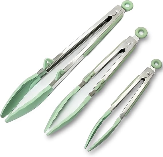 Kitchen Tongs for Cooking with Silicone Tips, 3 Size Serving Tongs, Green