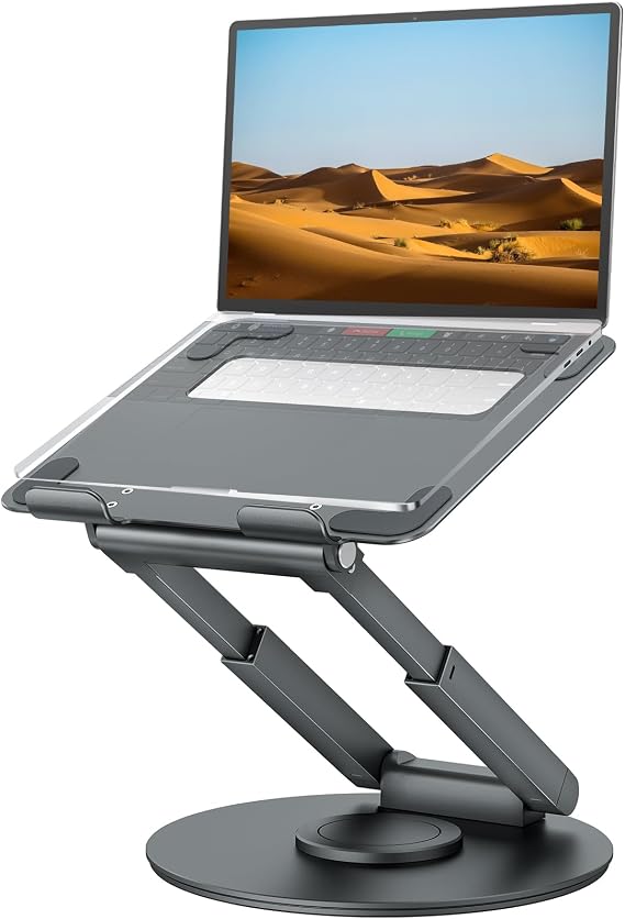 tounee Telescopic Laptop Stand for Desk, 360° Rotating Base, Sit and Stand Height, Adjustable Portable Riser Holder, Good Posture, Fits MacBook Pro, Fits All 10-17 Inch Laptops, Gray
