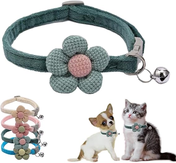 Small Dog Collar with Bell,Green Flower Cat Collar with Bells Suede Girl Cute Fancy Boys Puppy Collar with Bells for XXS XS Tiny Little Kitten Pet Female Dogs,Neck 8-12 Inch
