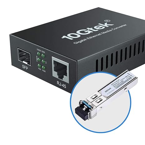 10Gtek Gigabit Ethernet Media Converter, SingleMode Dual LC Fiber to Ethernet RJ45 Converter for 10/100/1000Base-Tx to 1000Base-EX(with a SFP SMF 1310-nm Module), UL Certified, up to 40-km