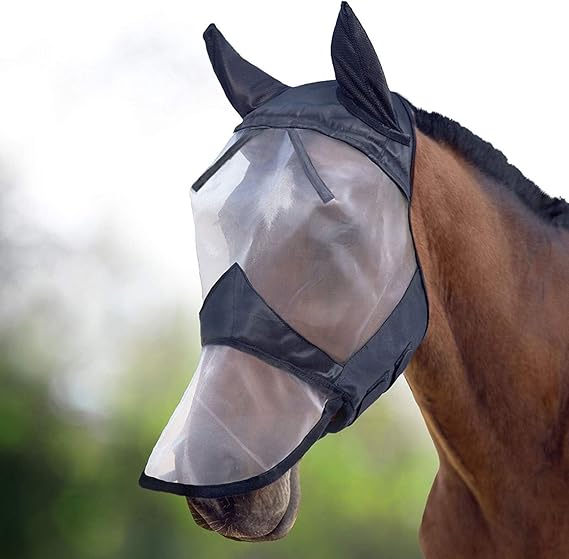 Harrison Howard CareMaster Horse Fly Mask Long Nose with Ears Full Face Black/Silver Retro Medium Cob