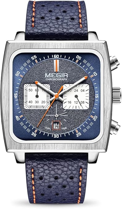MEGIR Men's Rectangle Business Work Analogue Quartz Chronograph Luminous Sport Wrist Watch with Leather Strap 2182 Blue