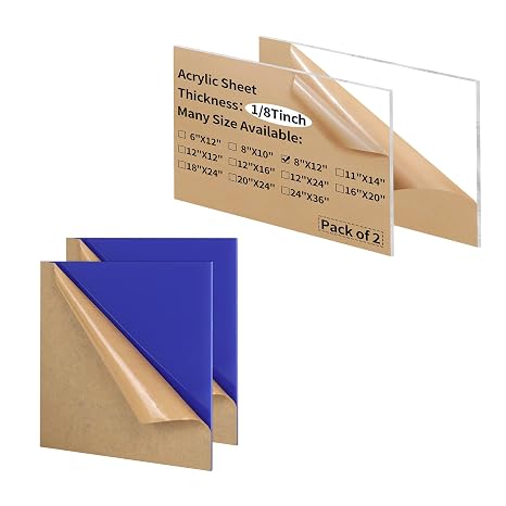 1/8 Thick 8 x 10 inch Clear Acrylic Sheets with 8 x 8 inch Blue Acrylic Sheets - 4 Pack