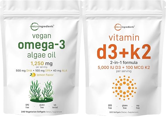 Micro Ingredients Vitamin D3 5,000iu + K2 100mcg Softgels & Vegan Omega 3 Algae Oil Supplement Bundle 2 Pack | Essential Sunshine Vitamins | Omega-3 Full Spectrum Alternative to Fish Oil