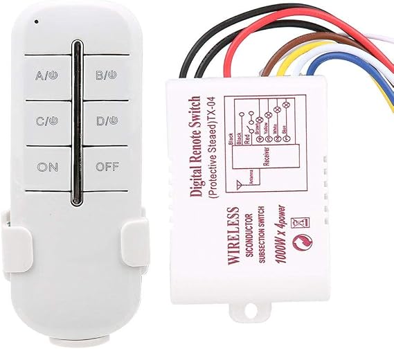 4 Channel RF Remote Control Switch MR704 Wireless Light Switch for Lamps 180-240V AC Wall Light Remote Control with Digital ON/Off (4 Way 4 * 1000W)