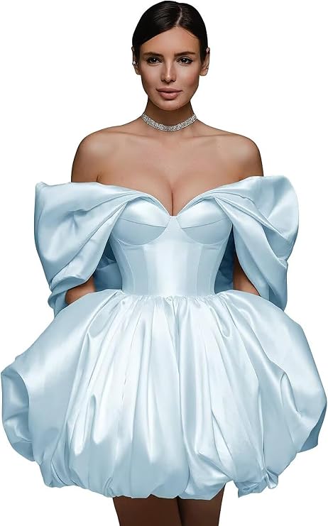 Off The Shoulder Wedding Dresses for Bride V-Neck A-Line Satin Mini Homecoming Party Cocktail Ball Gown